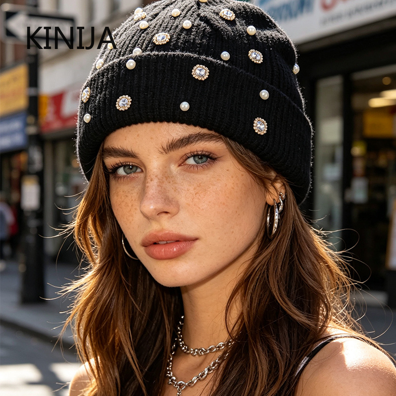 Beanie Cuffed Knit - Winter Knit Beanie Hat Pearl Rhinestone