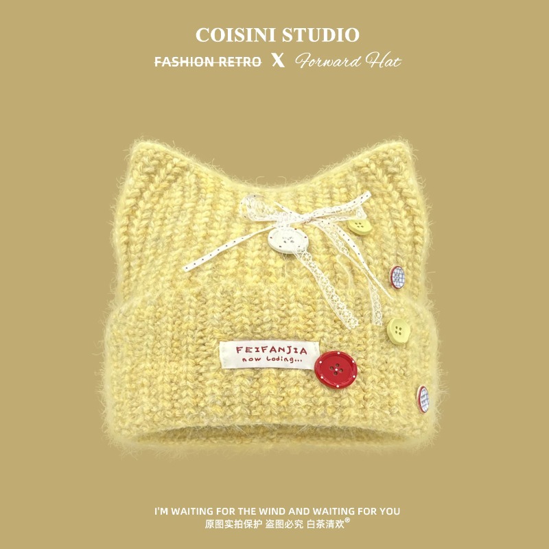 Y2K Cute Cat Ear Knit Beanies  - đánh giá và giá Beanie Cuffed Knit