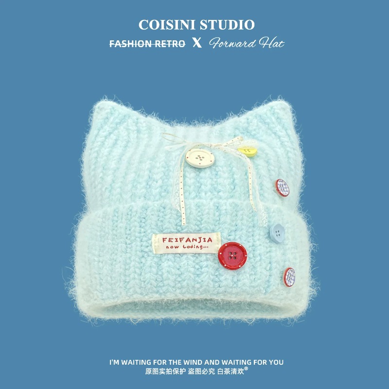 Y2K Cute Cat Ear Knit Beanies  - đánh giá và giá Beanie Cuffed Knit